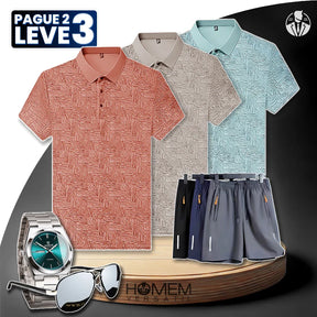 [Pague 2, Leve 3] Kit de Camisas Polo Vex Texturizada de Seda Gelo + BRINDES: 3 Bermudas, Relógio e Óculos